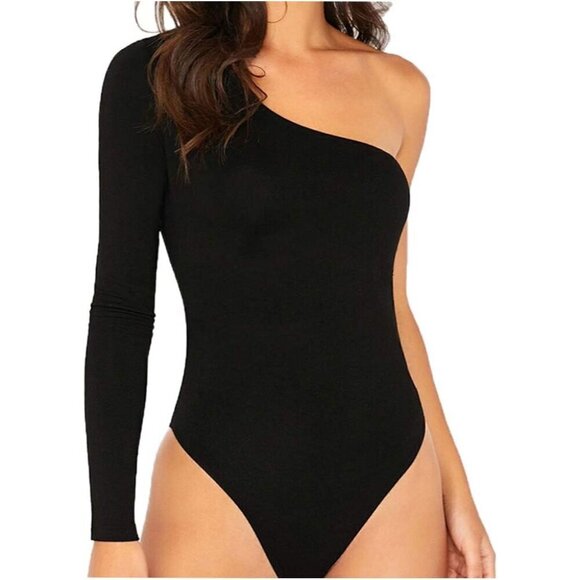 Tops - Womens One Shoulder Bodysuit Cotton Spandex Slim Fit Long Sleeve Top